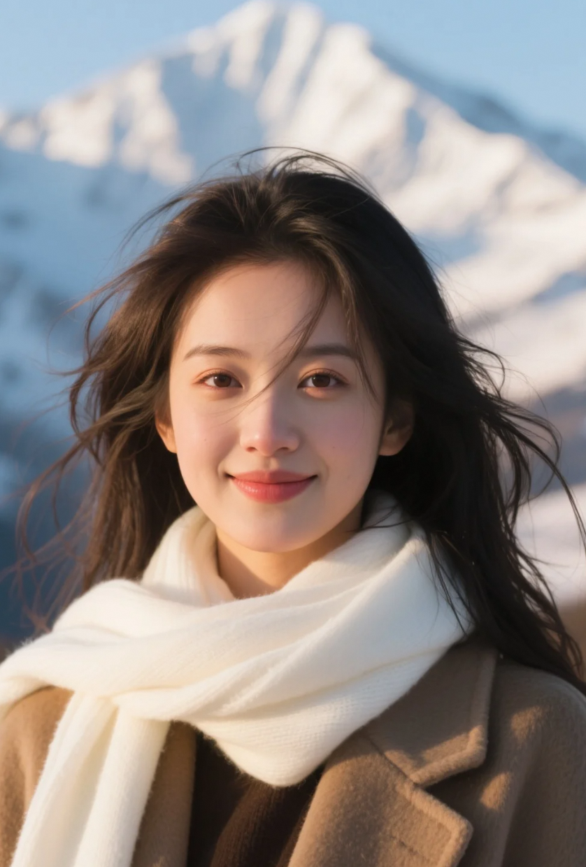 青丝遮面不掩笑，雪山也温柔