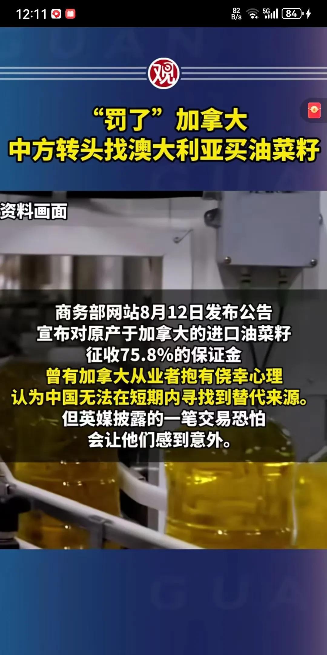 中国拒绝加拿大菜籽油，转头大量采购澳洲的菜籽油，加拿大估计肠子都悔青咯，菜籽油在