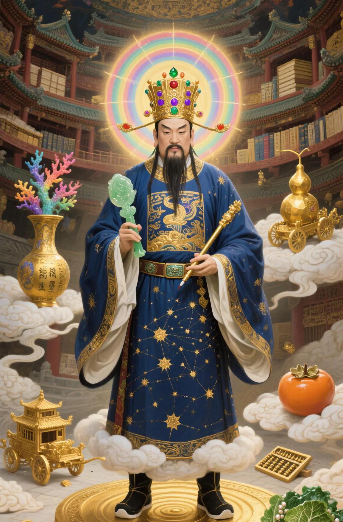 魁星之印腰间挂，智慧光轮脑后萦。求学之人皆高中，事业通达享尊荣。
帝君威严气势雄