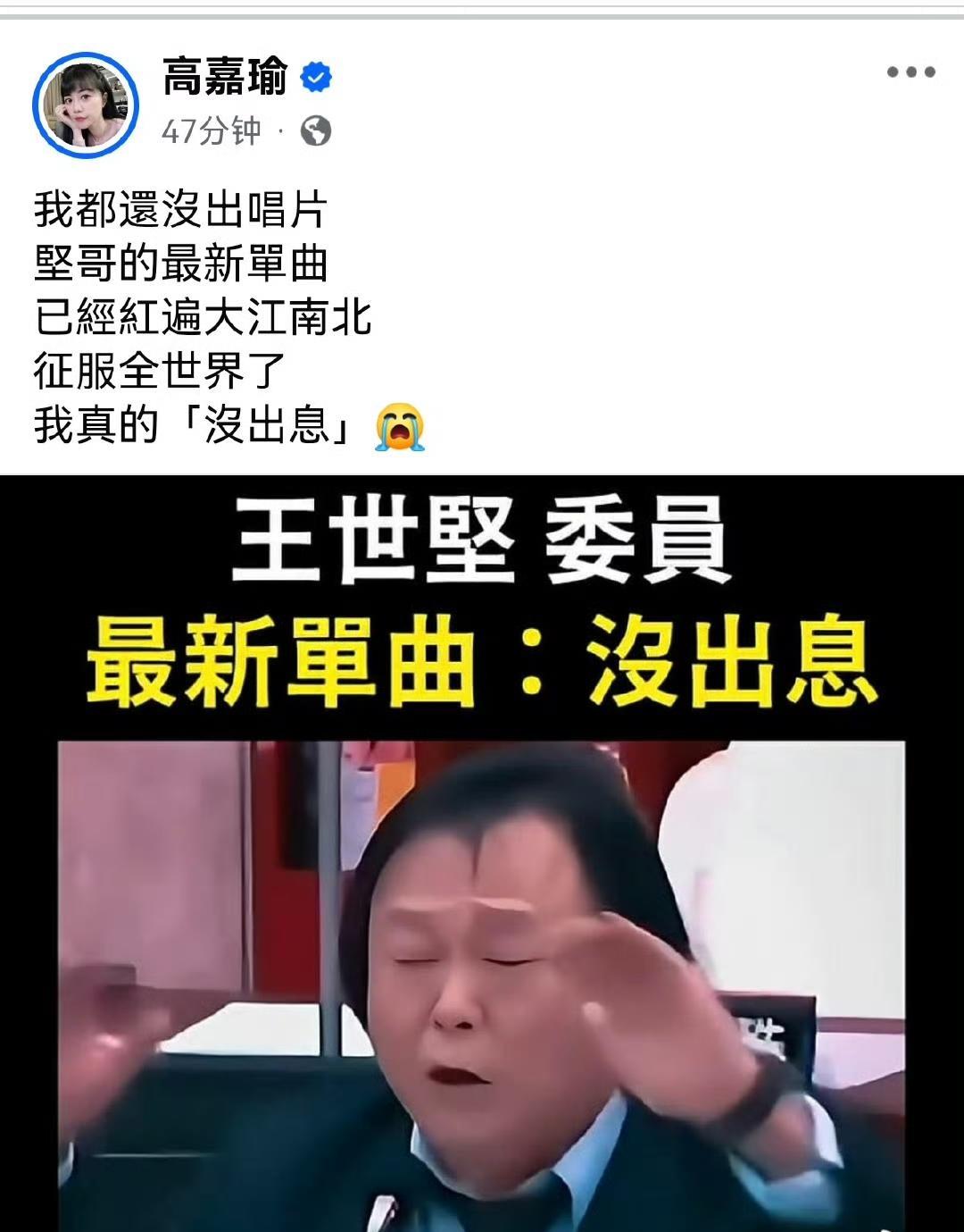 “湖港女神”高嘉瑜发文称，很羡慕王世坚出了音乐单曲，而一向喜欢在政论节目中一展歌