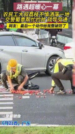 太感动了！广东，一交警帮农民工大叔捡拾不慎洒落一地的荔枝，并且不停的疏导交通，网