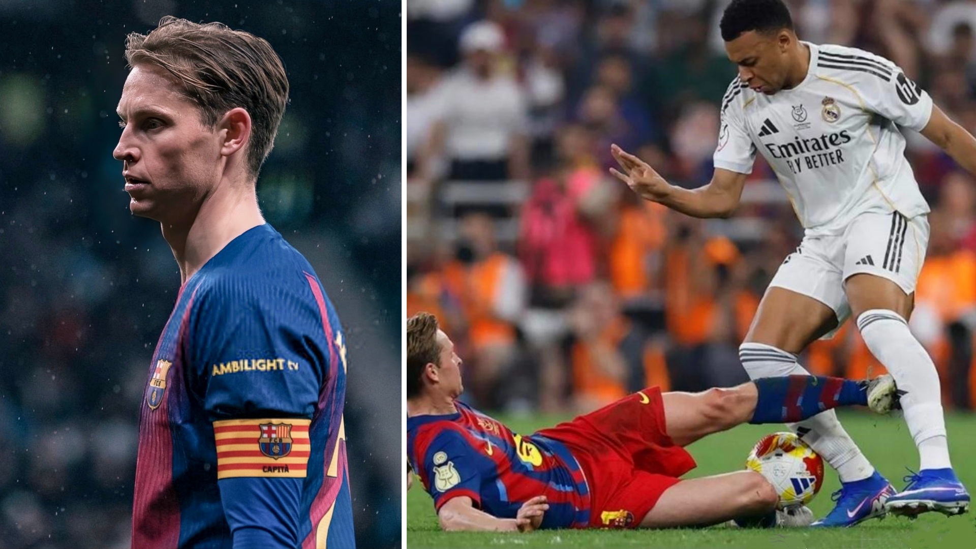 西班牙足协官方宣布，巴萨中场德容因比赛中的暴力行为被禁赛1场+罚款。
在西超杯决