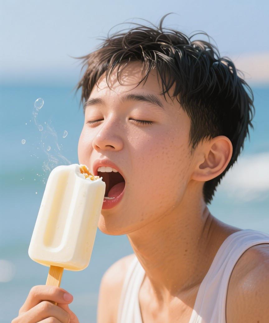 #AI妙生图#海风轻拂，口中的冰爽融化于夏日时光，那瞬间，仿佛与世间烦扰都断了联
