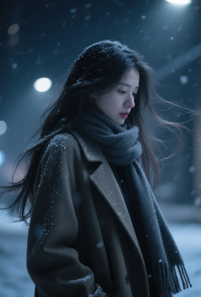 发丝在风中低语，她的眼神在雪夜里迷失：极致高清杰作
