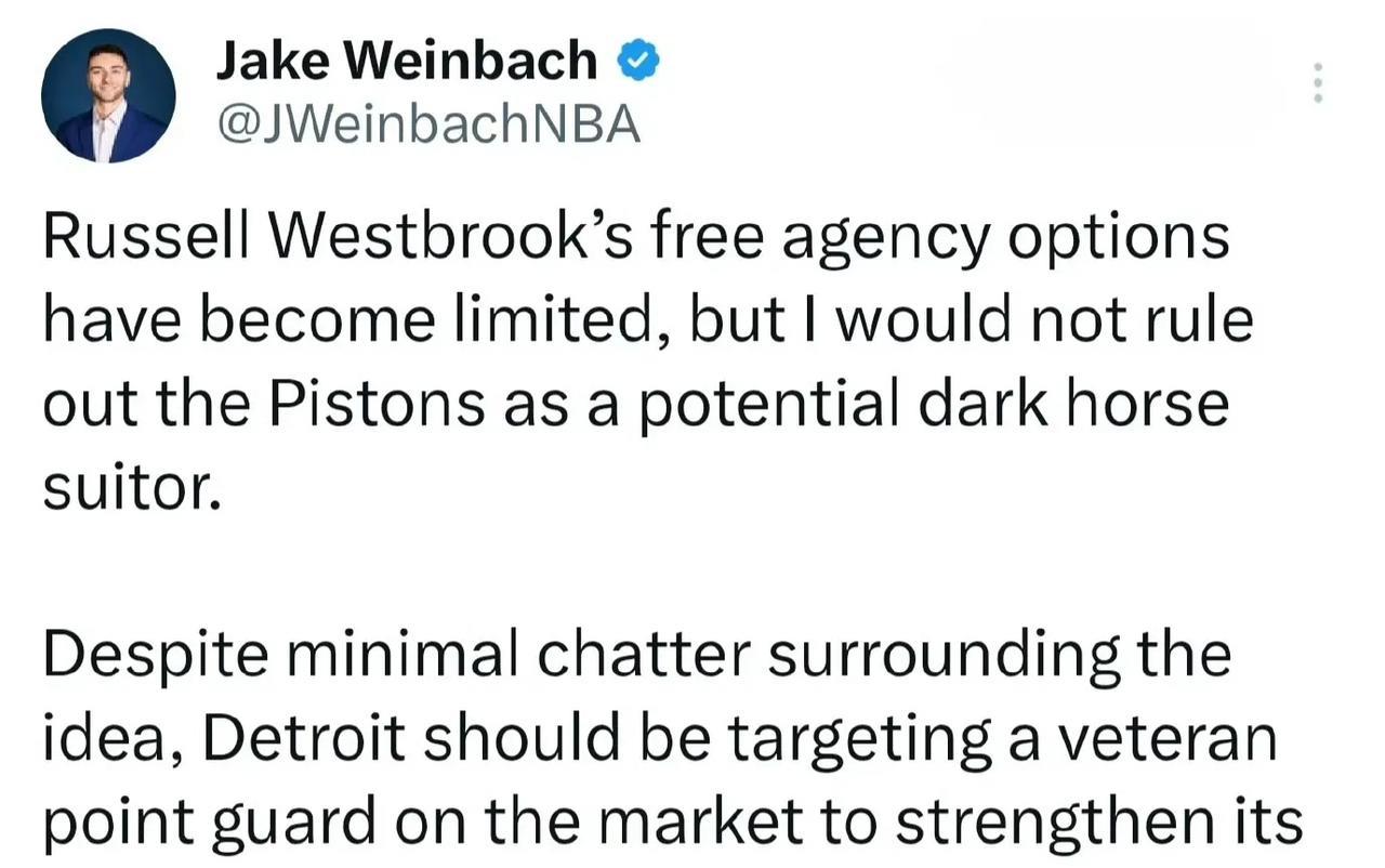 Jake Weinbach: 威斯布鲁克在自由球员市场上的选择余地已经非常有限。