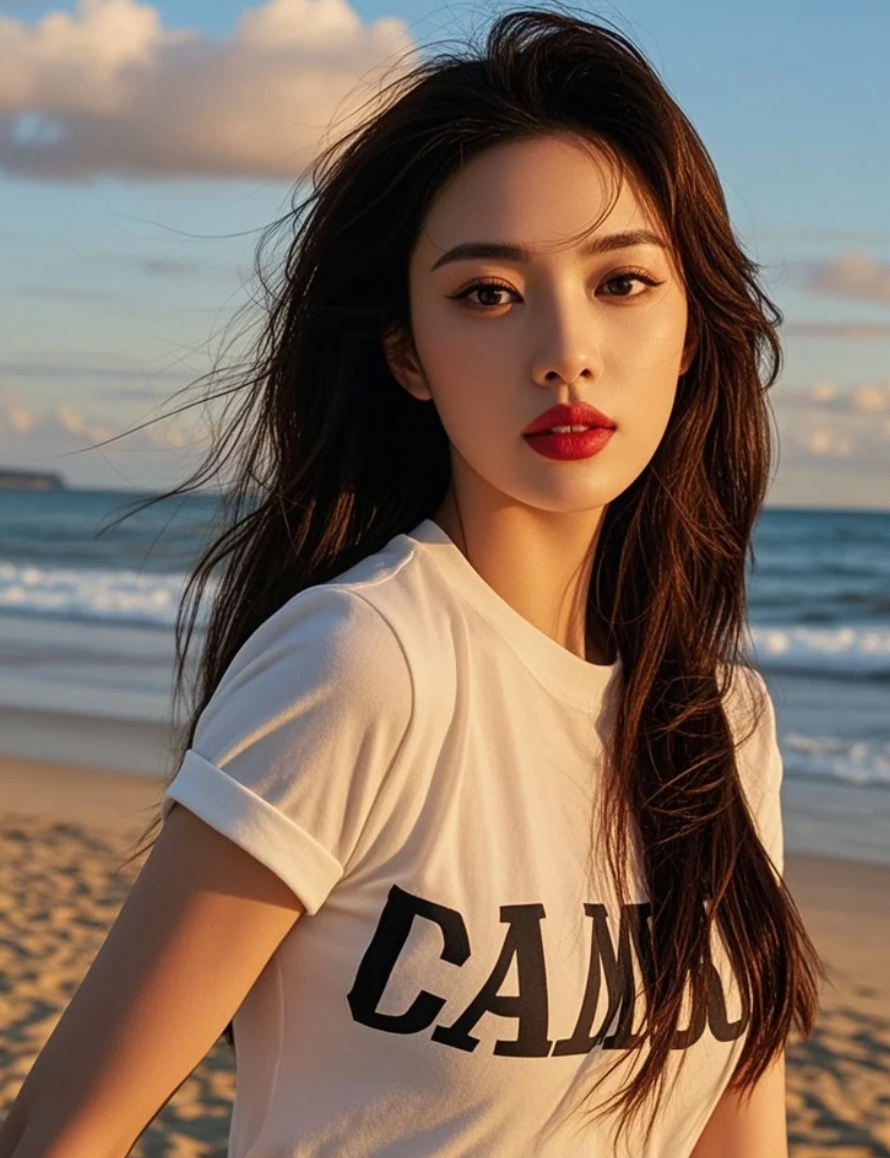 她行走在海天一色间，长发飘飘，明艳唇色与夕阳争辉，气场亲和而强大