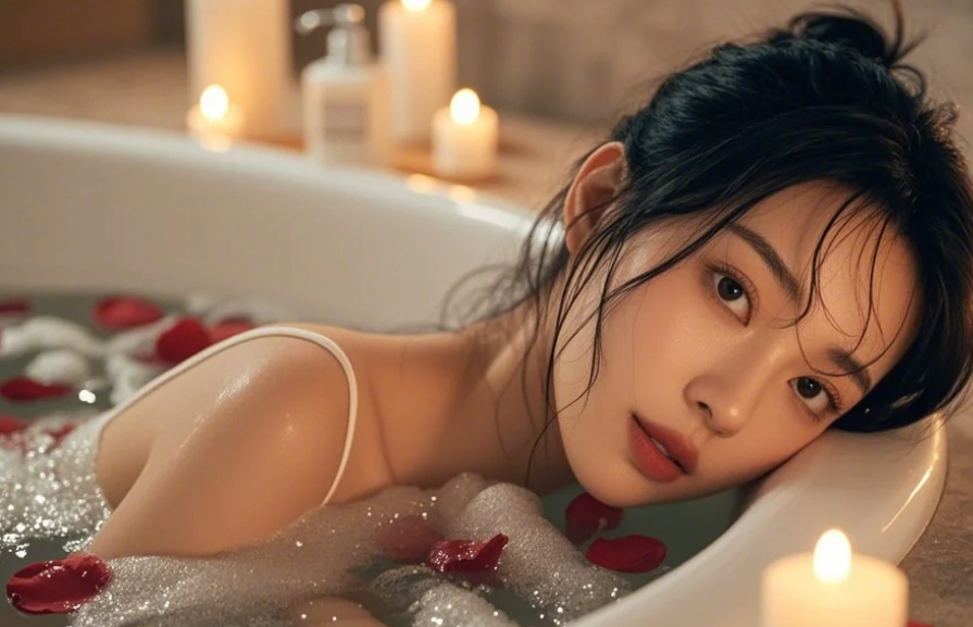 辣妹浴缸撩水花 湿发红唇尽显傲人曲线