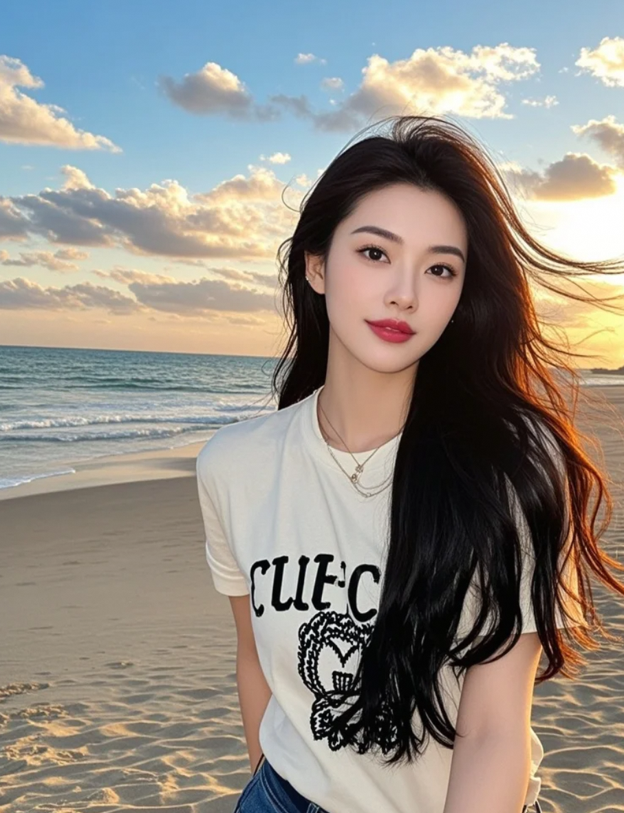 白云见证她的优雅，她身着T恤，以亲和气质与活力姿态，征服金色沙滩