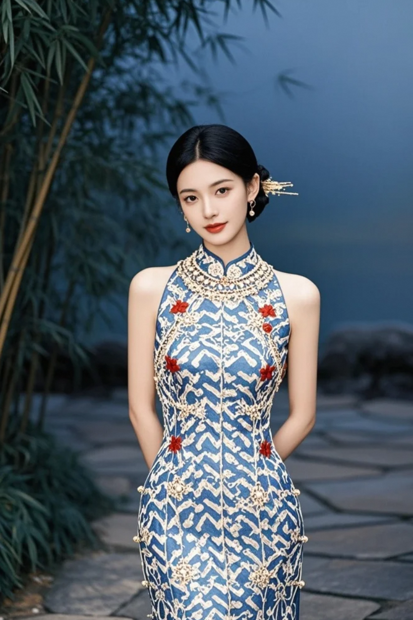 蓝得深邃，美得克制｜一位现代女性的旗袍美学宣言