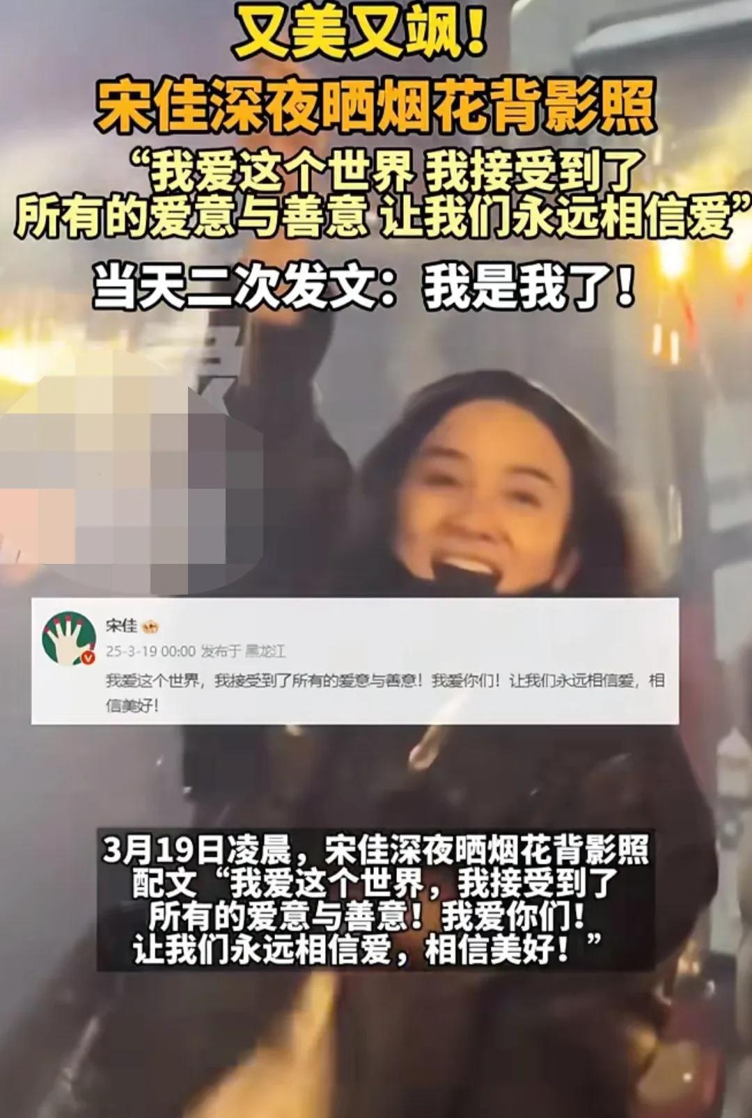 宋佳深夜晒烟花背影照。昨夜，宋佳在社交平台甩出一张烟花背影照，瞬间点燃网友好奇心