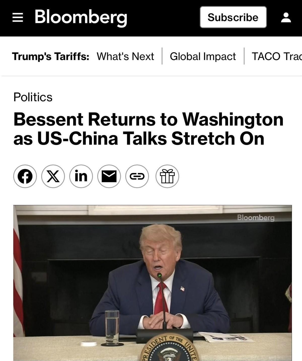 美媒：美国财长返回华盛顿参加国会听证会，中美伦敦谈判则继续
美国彭博新闻社官网6