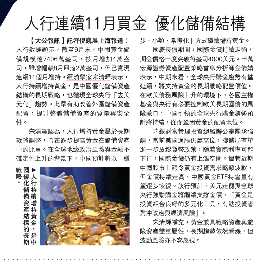 #去美元化进行曲# 人行连续11月买金，优化储备结构。大公报讯 人行数据显示，截