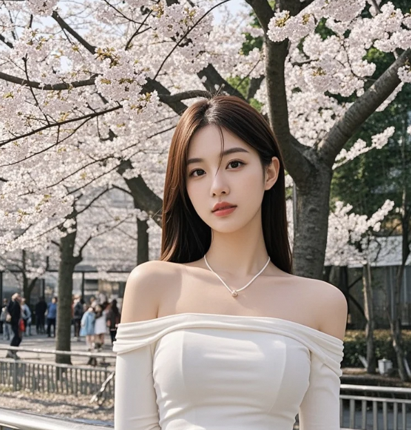 樱瓣轻吻发梢间，温柔漫过少女肩