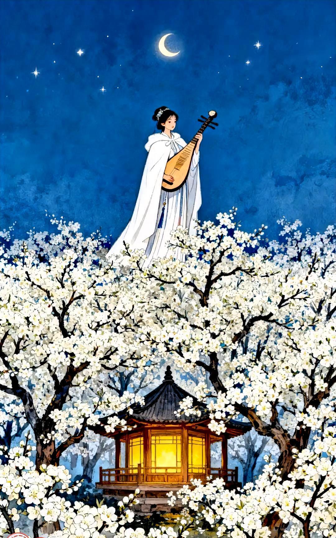 梨云霁月满枝丫，
天外飞仙裹素纱。
一曲琵琶惊玉宇，
………………[啤酒][万柿