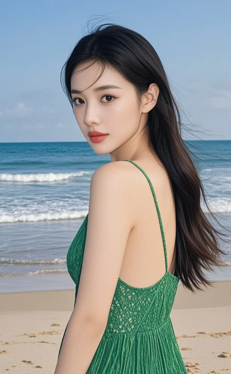 夏日海边倩影，裙裾随风飘动