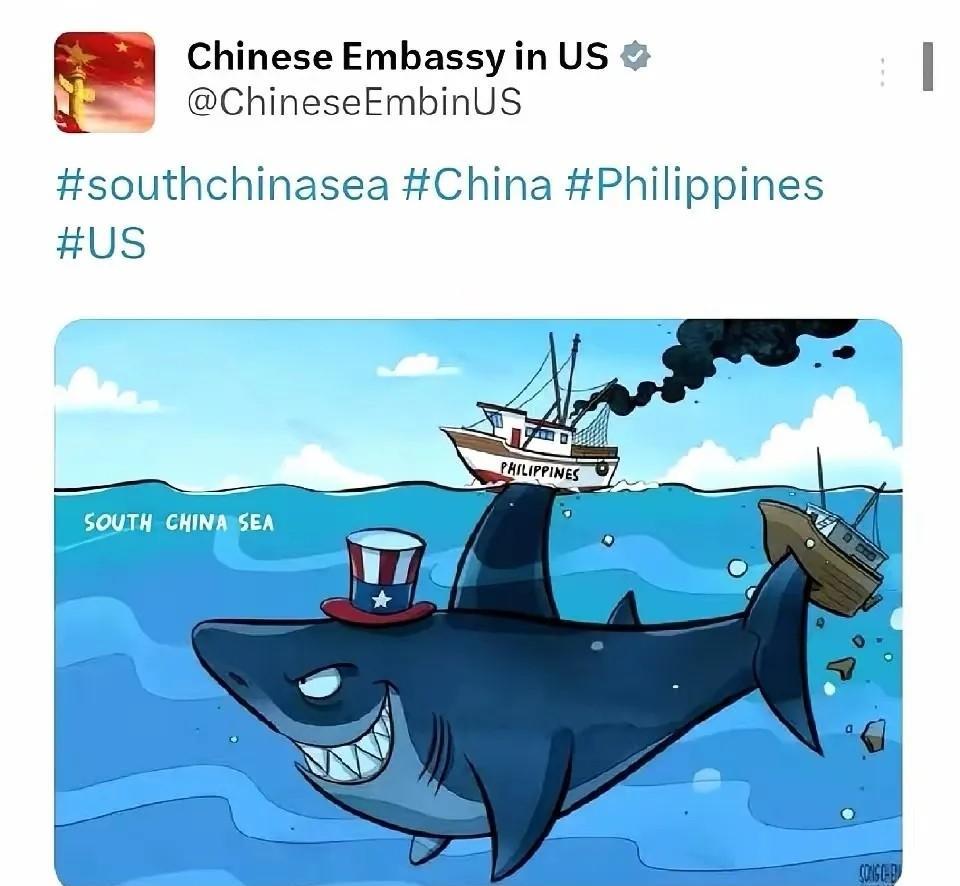 咱们国家驻美大使馆发布了一幅漫画，一语道破了南海危机的核心本质！
美国就是藏在海