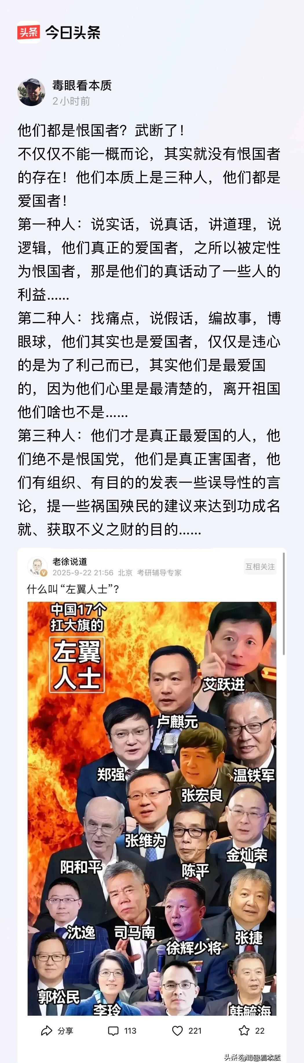 可以说他们是爱国者，
可以说他们是碍国者，
也可以说他们是害国者！
一分为二的说