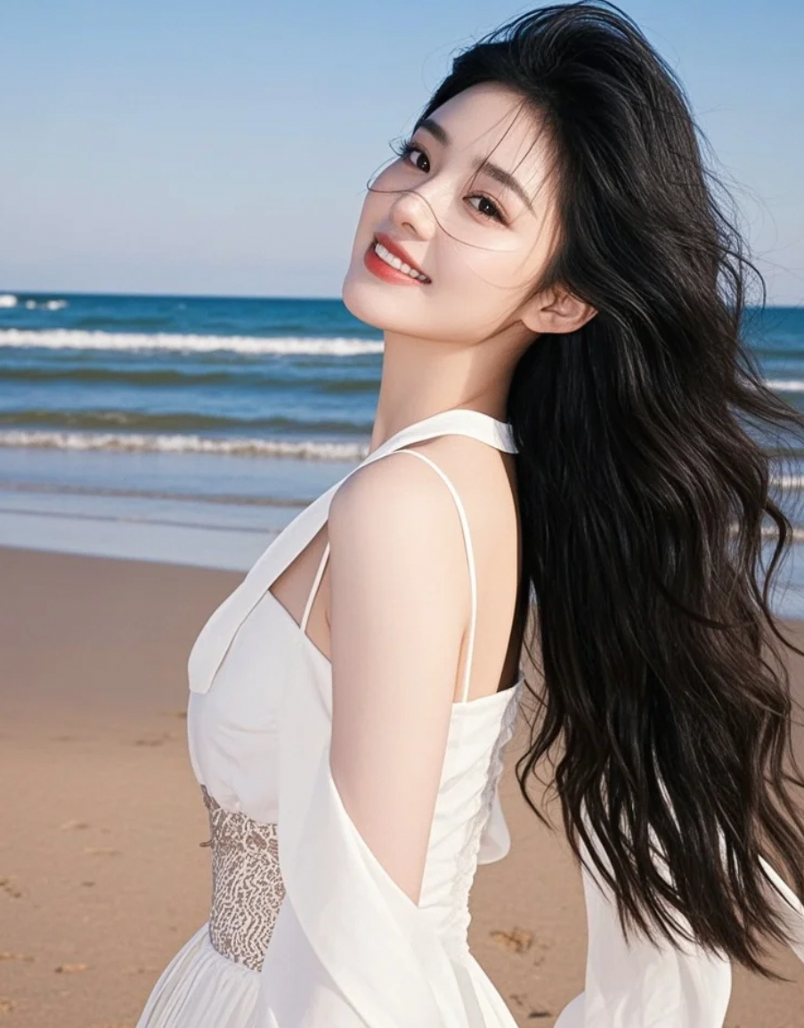 宁静沙滩，长发女孩在阳光下展现动人诗意瞬间