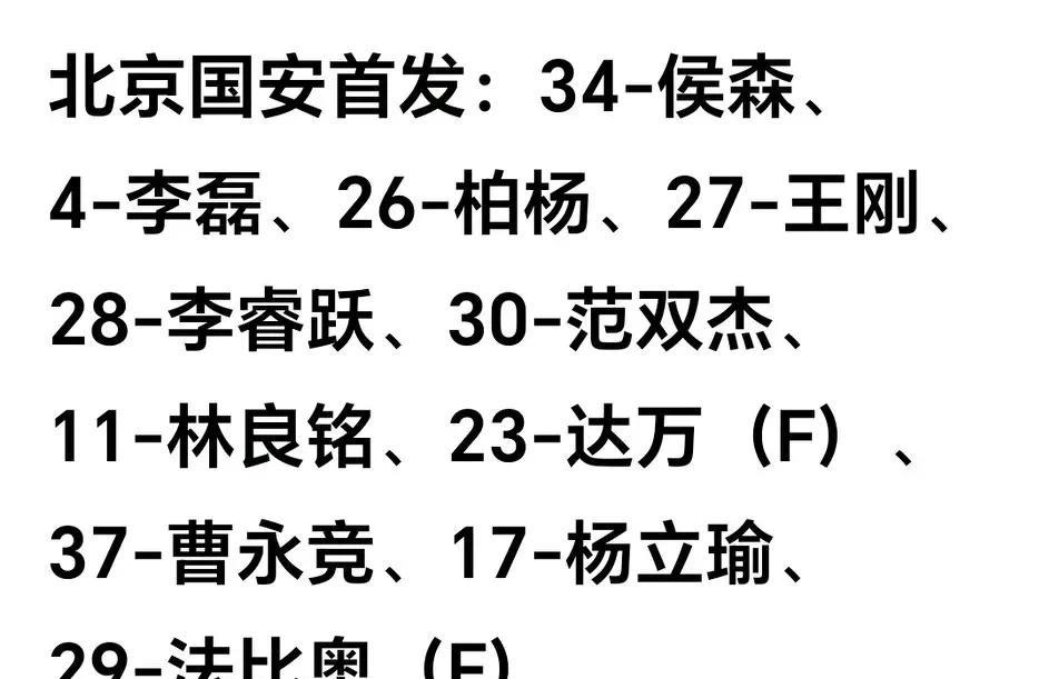 李睿跃 杨立瑜首发出场，北京国安与青岛西海岸的比赛即将上演，北京国安达万 法比奥