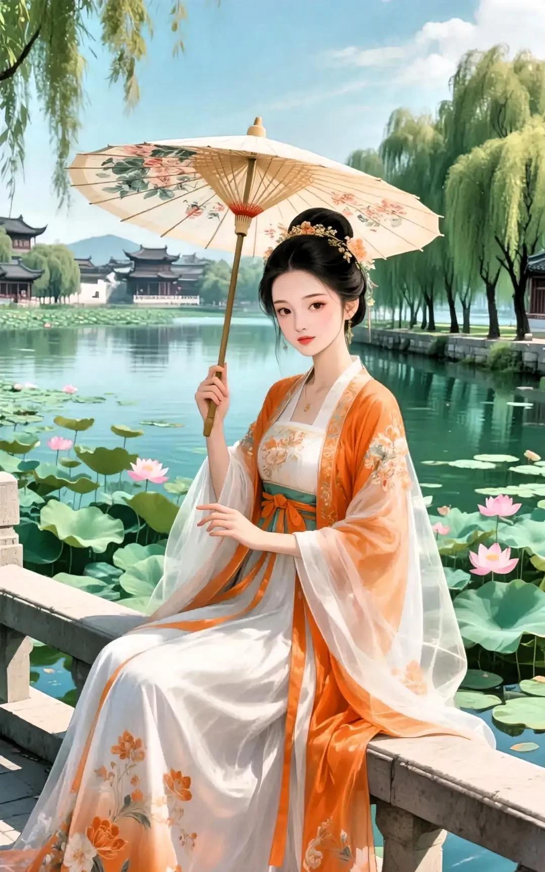 荷塘映日画情扬，
纸伞佳人秀彩妆。
绿柳垂丝撩水榭，
……………[鼓掌][福]