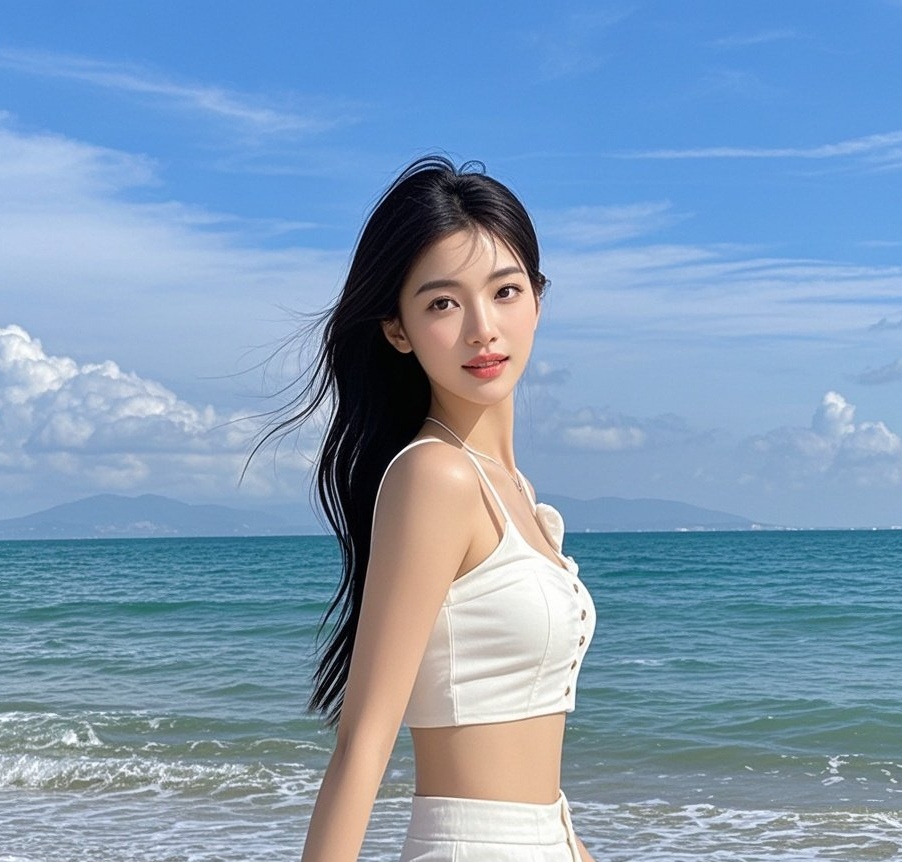 娇媚佳人赤足漫步，浪花轻绕雪白脚踝