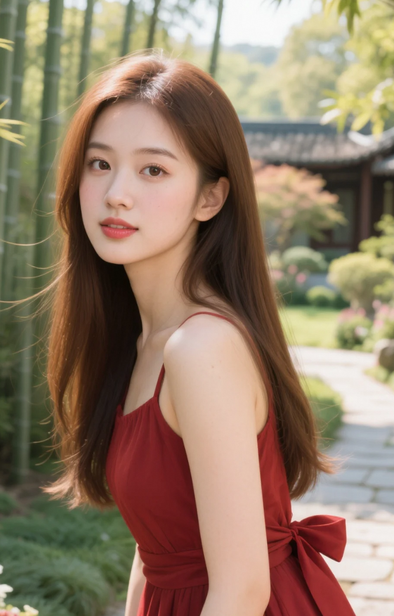 一袭红裙入翠竹，惊艳了整个初夏