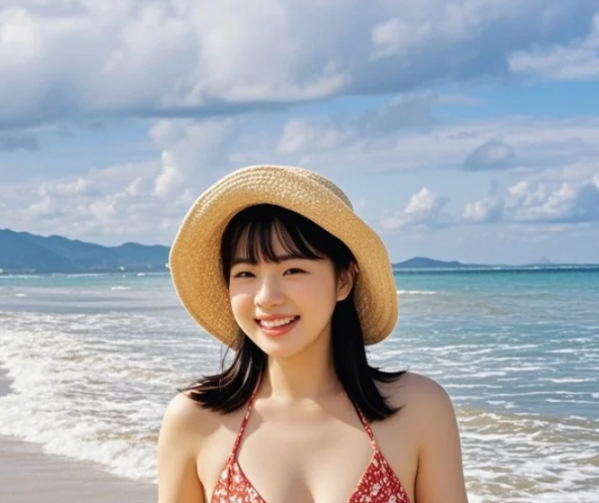 她的笑容和阳光一起洒进水里，连泡泡都在发光。