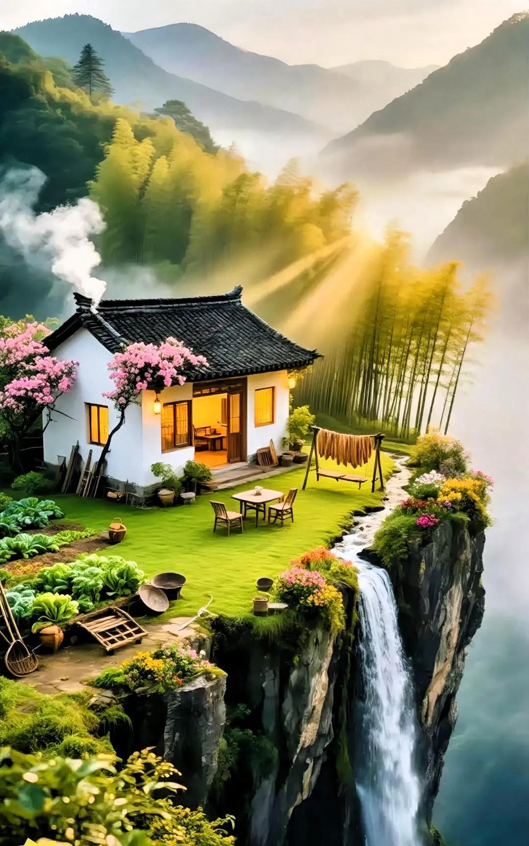 世外深山隐小楼，
炊烟袅袅木屋头。
门前瀑布飞崖下，
………………[啤酒][万柿
