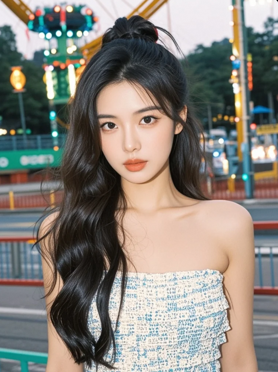 游乐园中的灵动身影，美女与欢乐的完美交融