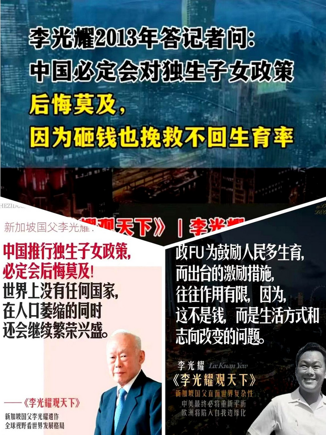 2013年，新加坡之父李光耀曾断言中国会对独生子女政策后悔，还说人口萎缩的国家难