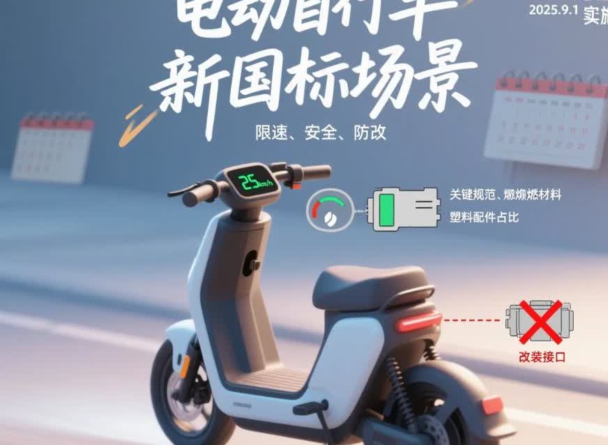 2025 年 9 月 1 日起，新修订的电动自行车强制性国标（GB 17761—