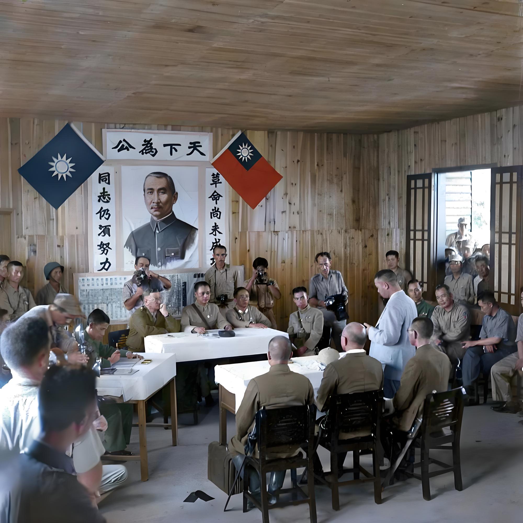 芷江受降典礼，中座者为中方主持人萧毅肃上将，右为参谋长冷欣中将，左为美军作战司令