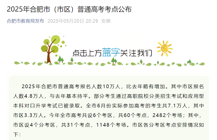 60个考点！  2025合肥高考考场发布！