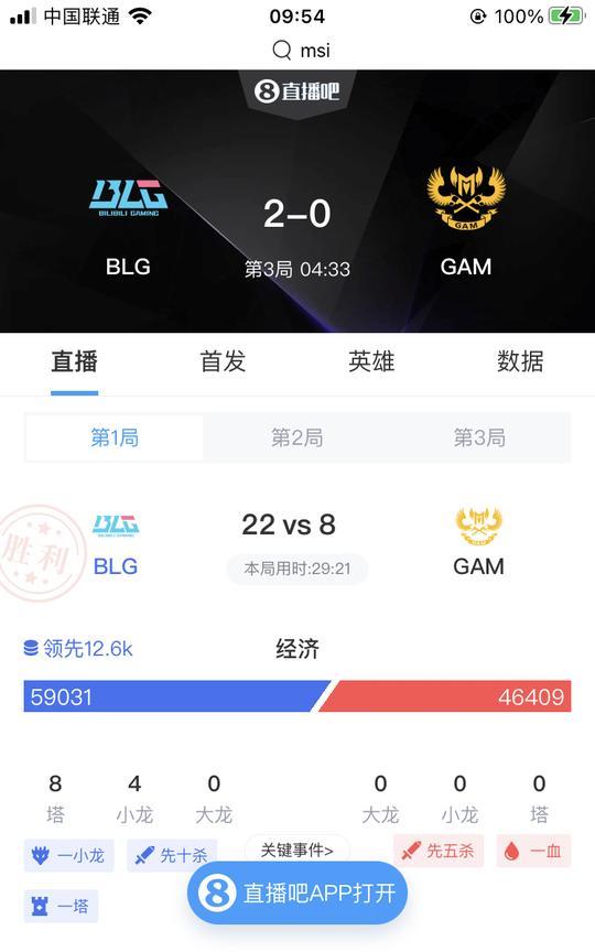 BIN哥先被单杀再一打二双杀
入围赛BLG第一局轻松地拿下
MSI：BLG对战G
