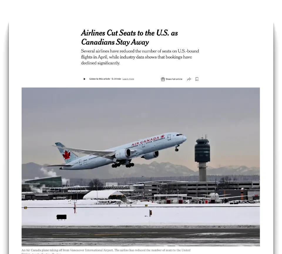 加拿大人放弃前往美国，各大航空公司削减了飞往美国的航班数量
由于加拿大和美国之间