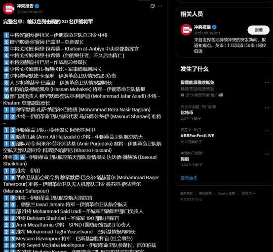 在与以色列12天的军事冲突中，伊朗殉职的高级将领大概有30人，其中大多数是伊朗革