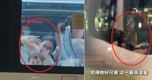 “好温馨！” 广东广州，宝宝饭后想坐有轨电车，爸爸骑电车将妈妈和宝宝送上车，经过