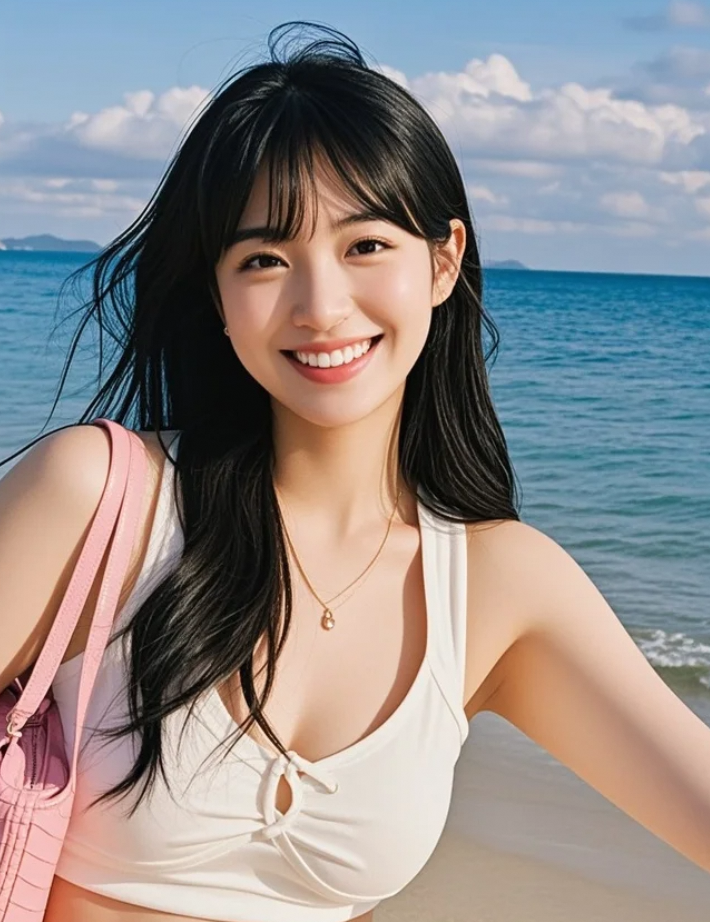 她穿着泳装站在海边造浪池前，像极了偶像剧女主。