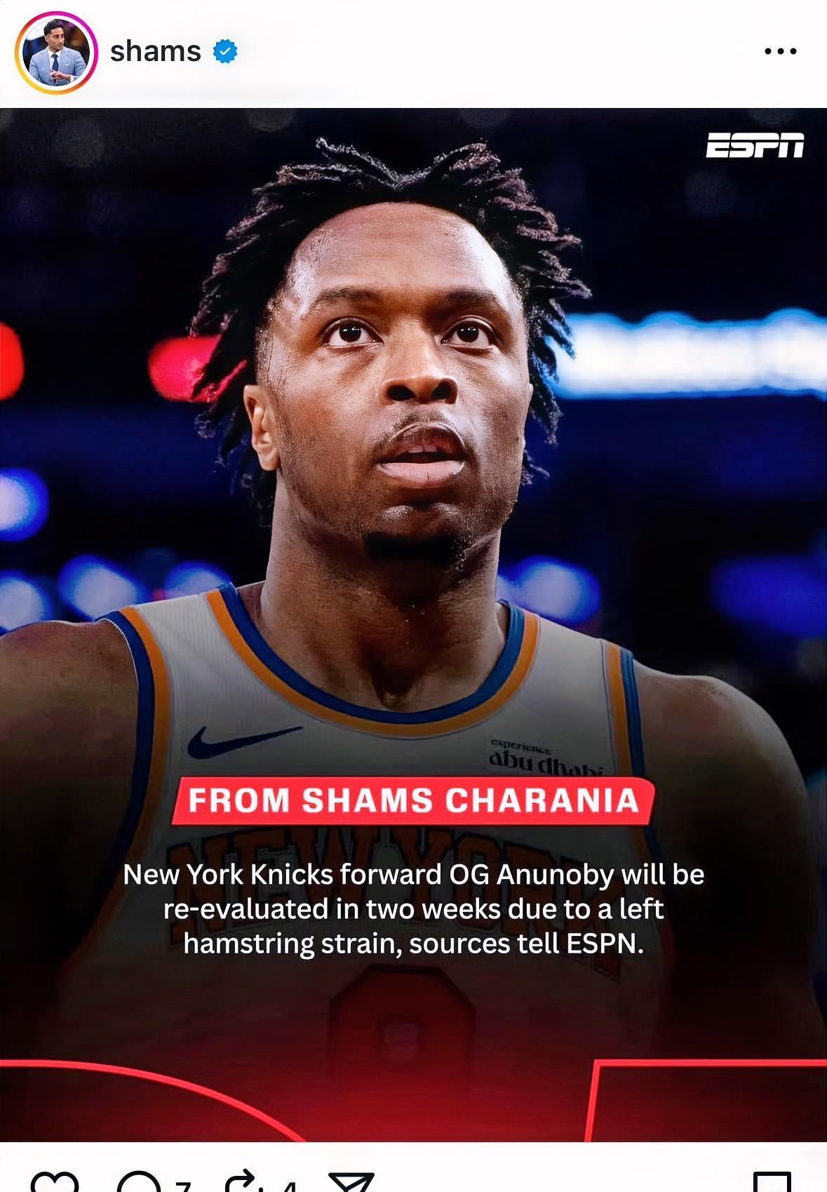 尼克斯防守大闸OG阿奴诺比左腿筋拉伤！
据shams报道：消息人士告诉ESPN，