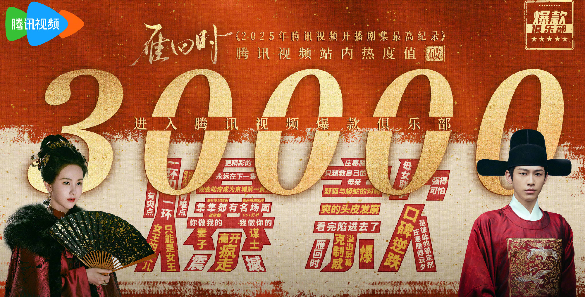 恭喜陈都灵上桌，《雁回时》热度破30000。