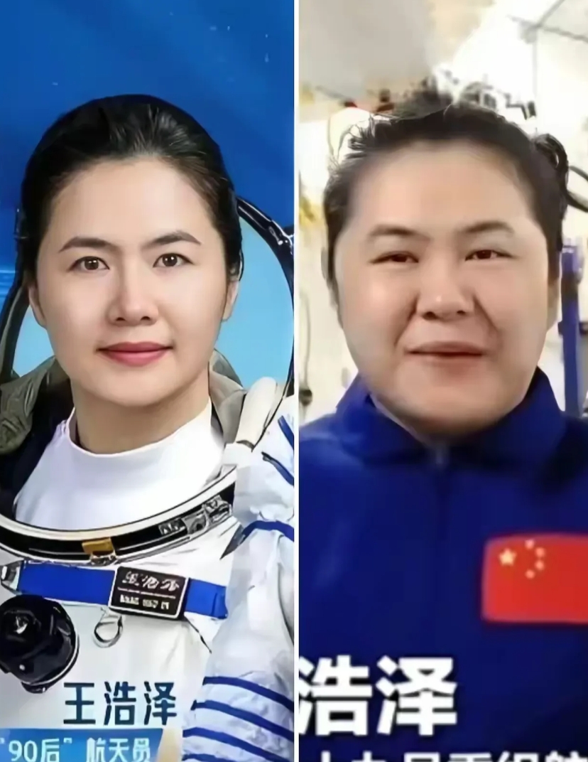 90后姑娘王浩泽上太空前与返回出舱时的照片对比，确实变化很大。但这不是“胖”的症