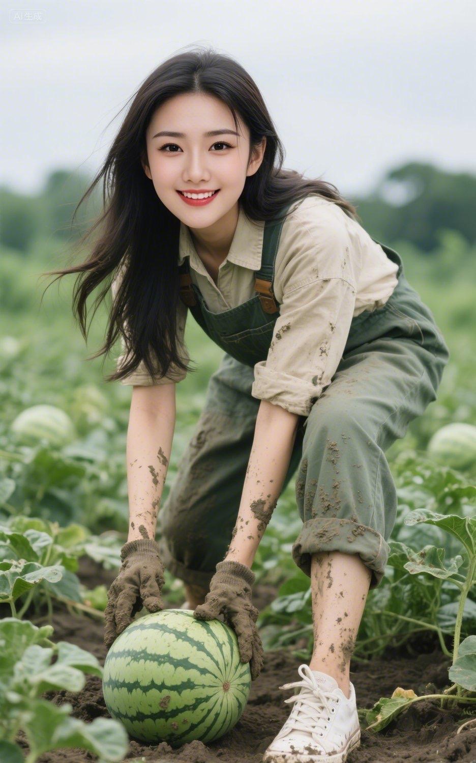 摘西瓜
田间翠绿映朝霞，小妹弯腰把瓜抓。
双手抱圆泥满裤，笑言此果最堪夸。
轻拂