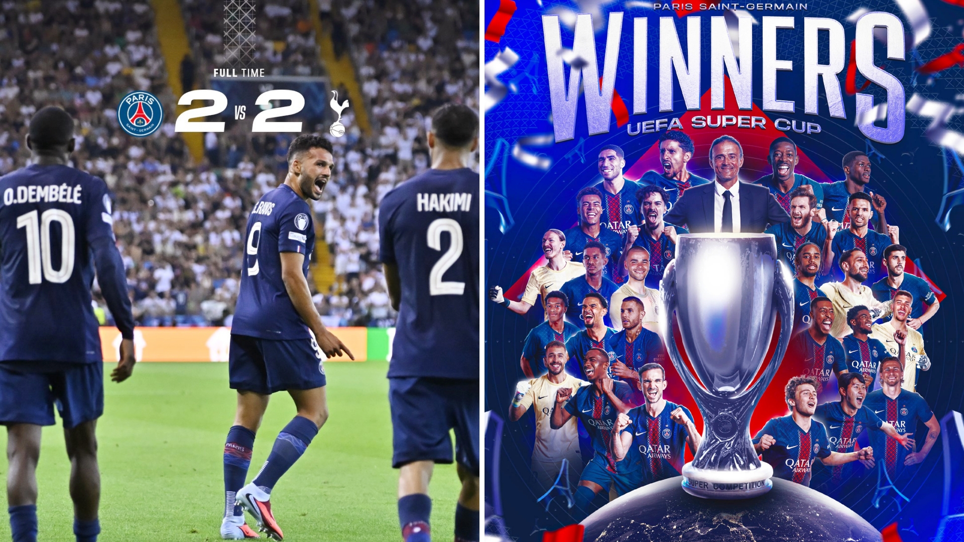 欧洲超级杯：巴黎圣日耳曼点球大战6-5击败热刺，队史首夺欧超杯。
双方常规时间2