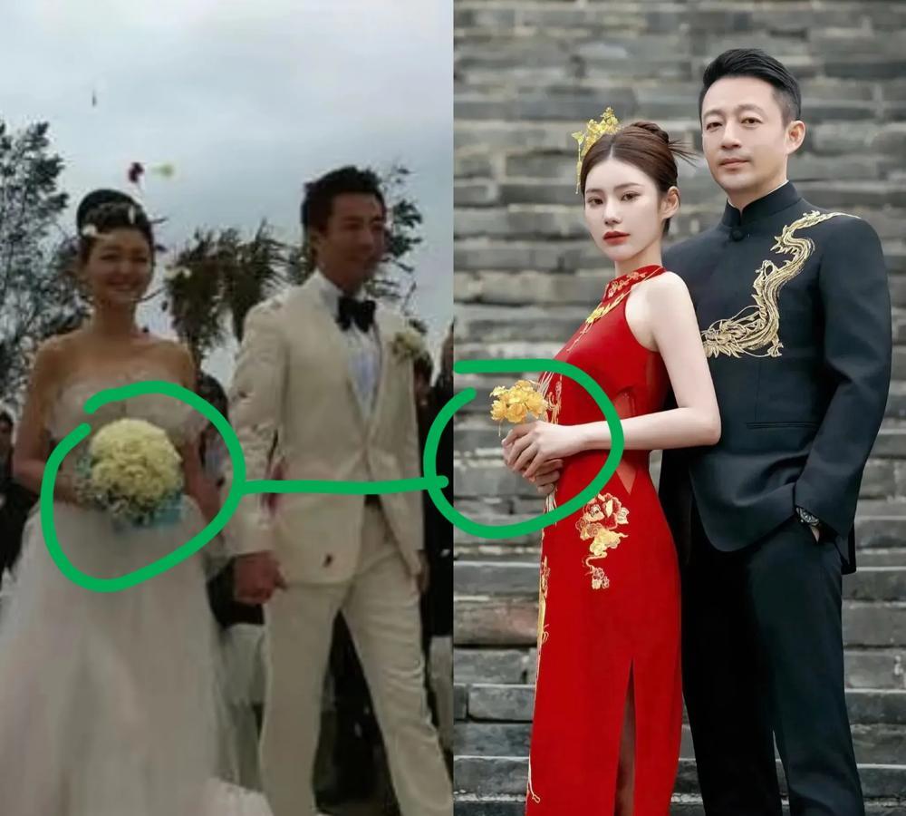 这次婚礼手捧花确实比大S那会儿小一圈，但塑料花就扯淡了——5月17号北京四合院婚