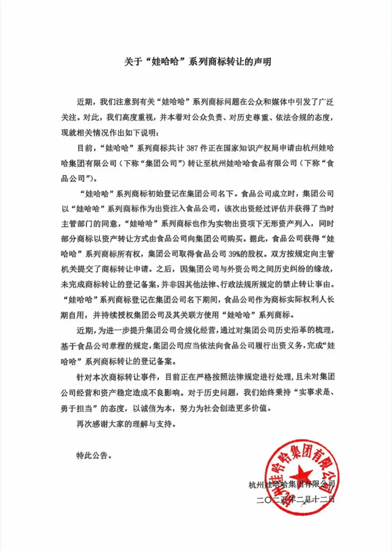 #南都湾财社# 商标转让是否涉及国有资产流失？娃哈哈：无法回复相关问题。据南都·