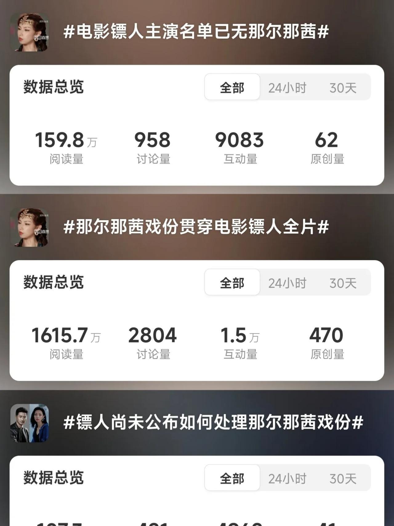 记6月19日三条关于那尔那茜的三条热搜：电影镖人主演名单已无那尔那茜、那尔那茜戏