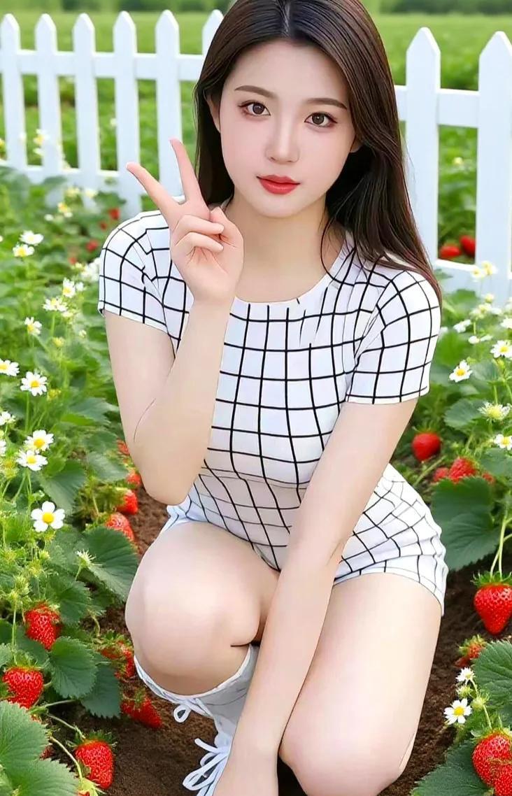 《清平乐.莓园即景》
莓园风软，
香缀青枝滿。
素袂格衫人自婉，
浅笑垂发如卷。