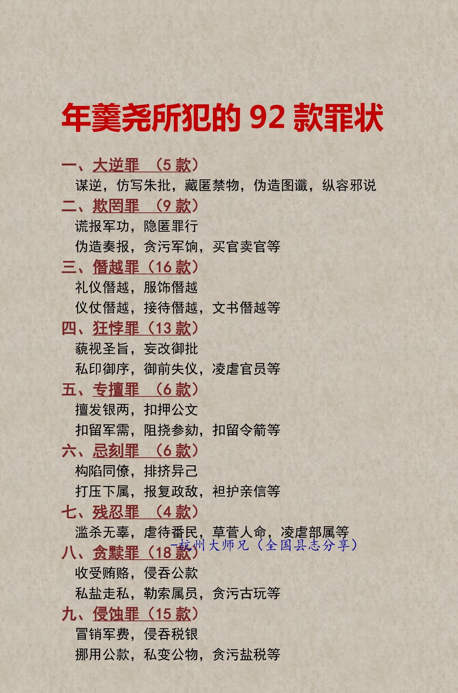 年羹尧所犯的92款罪状！