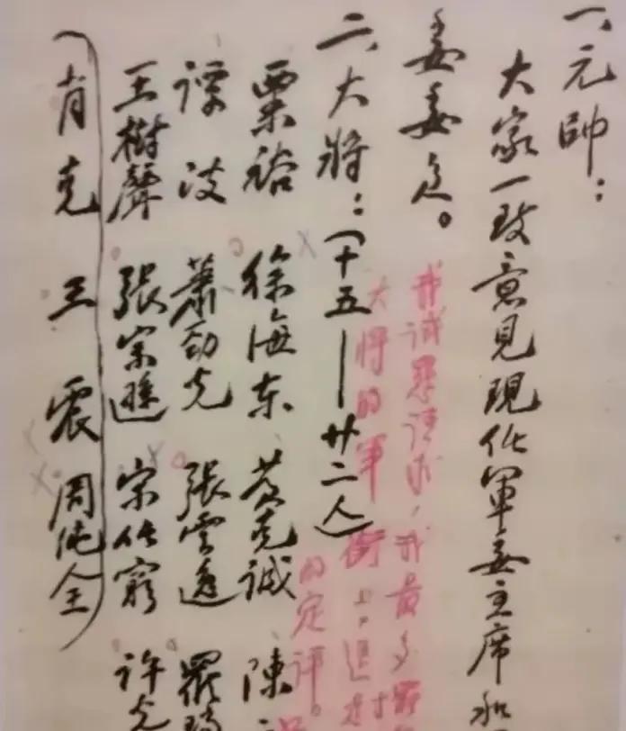 十大元帅及大将初选名单，太珍贵的原件手稿了。