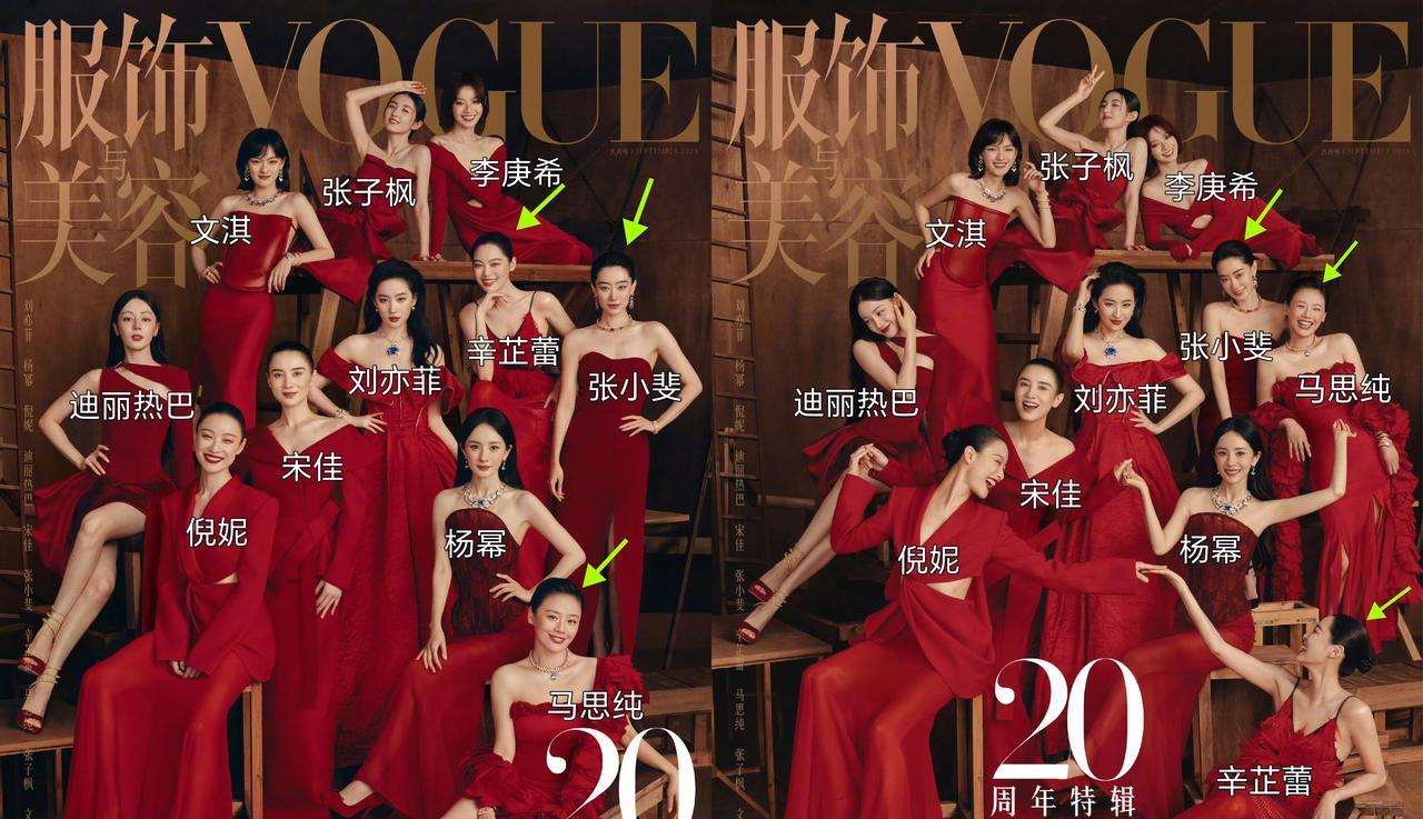 大家注意到了吗？
《VOGUE》二十周年金九的两版群像封面中，只有辛芷蕾、马思纯